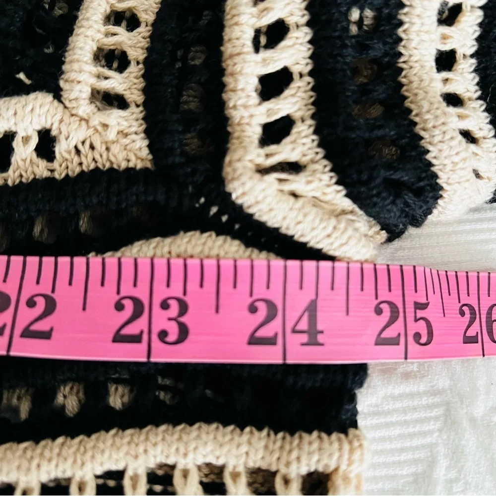 J Crew Crocheted Cream/Black Stripe Open Neck Pullover XL